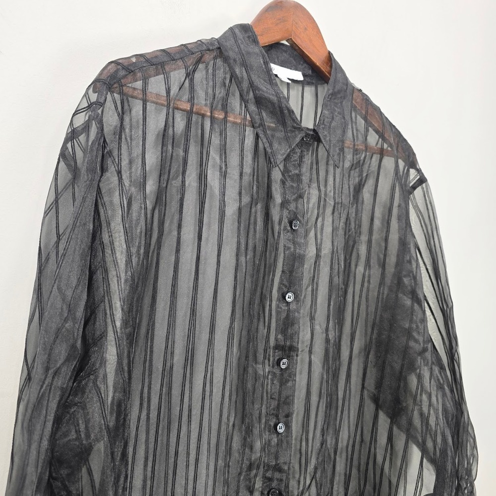 DR2 Sheer Button Down Tunic Top L Black Striped Embroidered Goth Minimalist - Picture 3 of 12